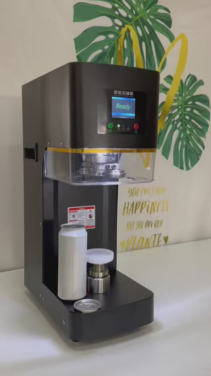 Black semi-automatic can sealer demo video for PET and aluminum cans
