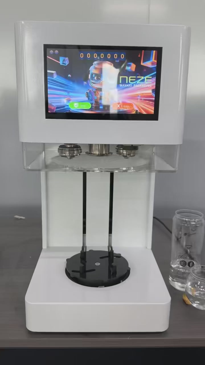 White automatic can sealing machine demo video sealing PET cans